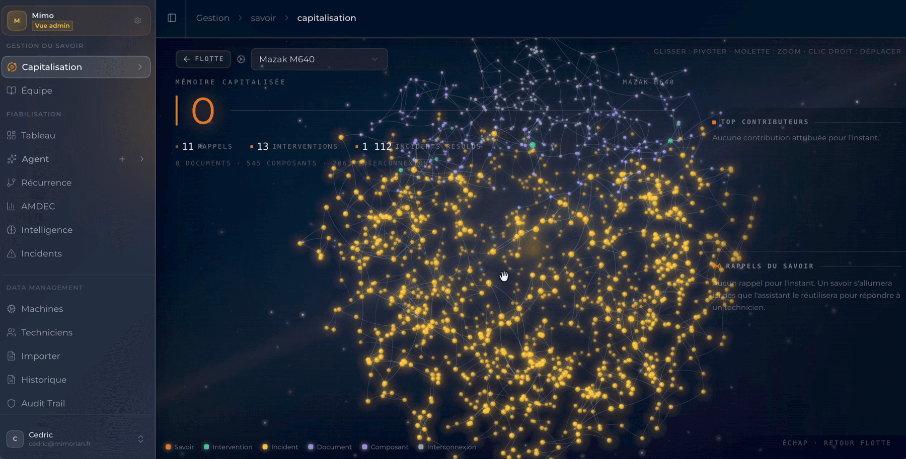 Constellation du savoir d'une machine dans Mimorian : savoirs capitalisés, rappels et contributeurs